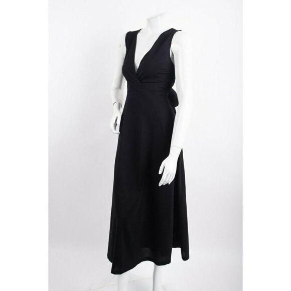 Massimo Dutti Womens Midi Flared Dress XS Black Sleeveless V-Neck 6634/583 NWT - Picture 2 of 6